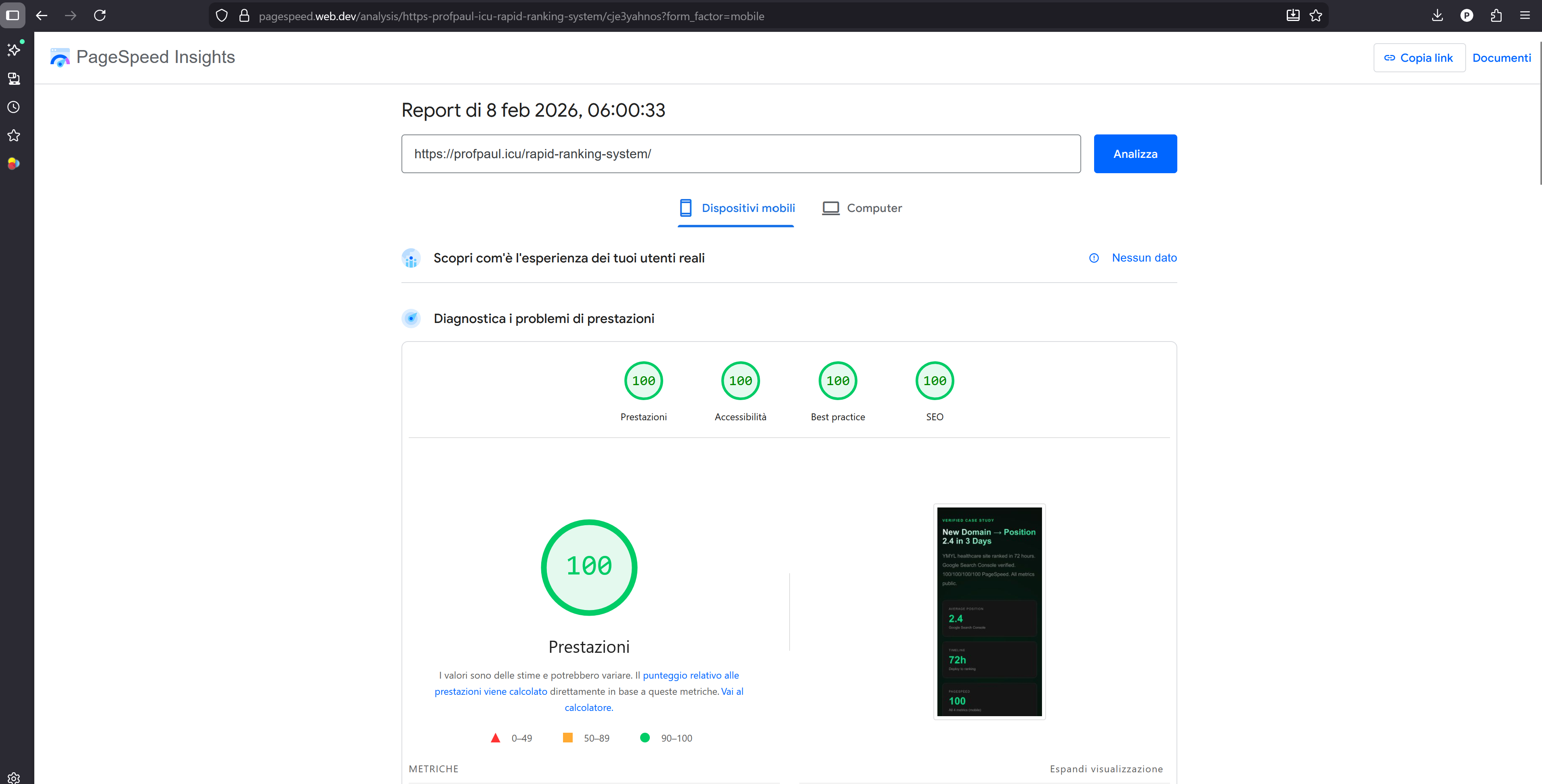 PageSpeed Insights 100/100/100/100 score for rapid-ranking-system page